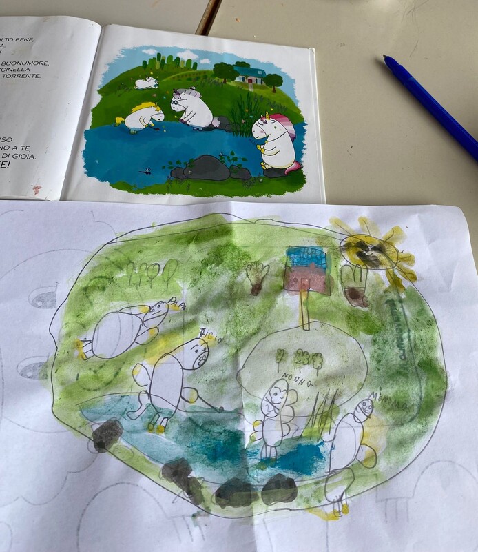 <h1>Sulle ali della fantasia</h1>
Disegno esplicativo del testo. 17/05/2023, Centro diurno Opera salute fanciullo